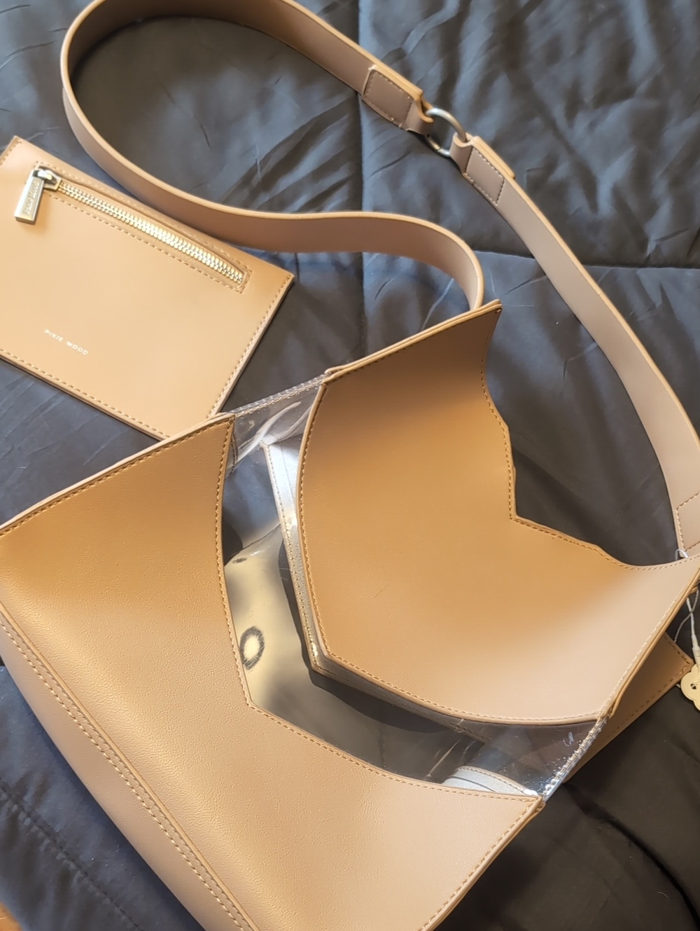 Pixie Mood Tan Shoulder Bag with Clear Panel